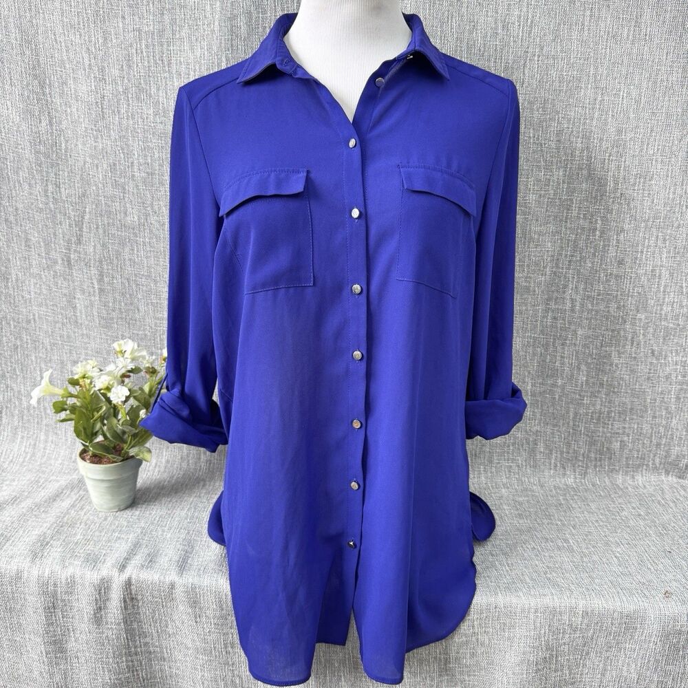 Primark Blue Button Up Blouse Top Size 8 Long Roll Tab Sleeve Chest Pockets long